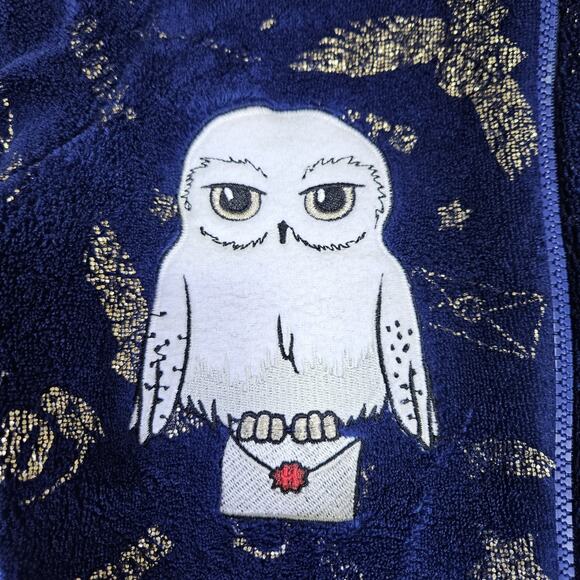 Harry Potter Hooded Pajama One Piece Unisex Kids M 7/8 Hogwarts Fleece Blue Gold - Picture 2 of 12